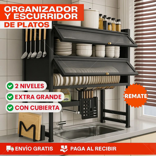 Platero Escurridor Elevado con Tapa 2 niveles - Acero Inoxidable 65cm