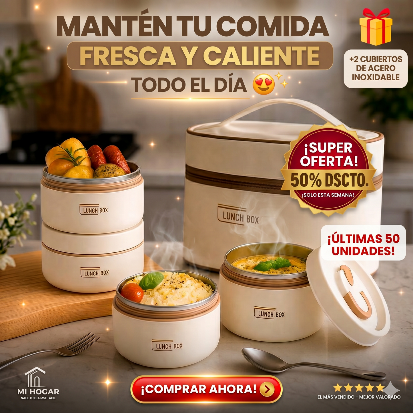 Set Portacomidas Térmico  4 Contenedores Herméticos + Cubiertos