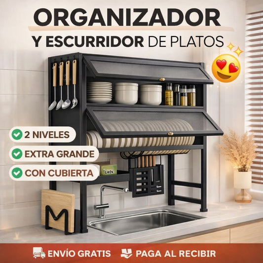 Escurridor Elevado con Cubierta 2 niveles - Acero Inoxidable 65cm