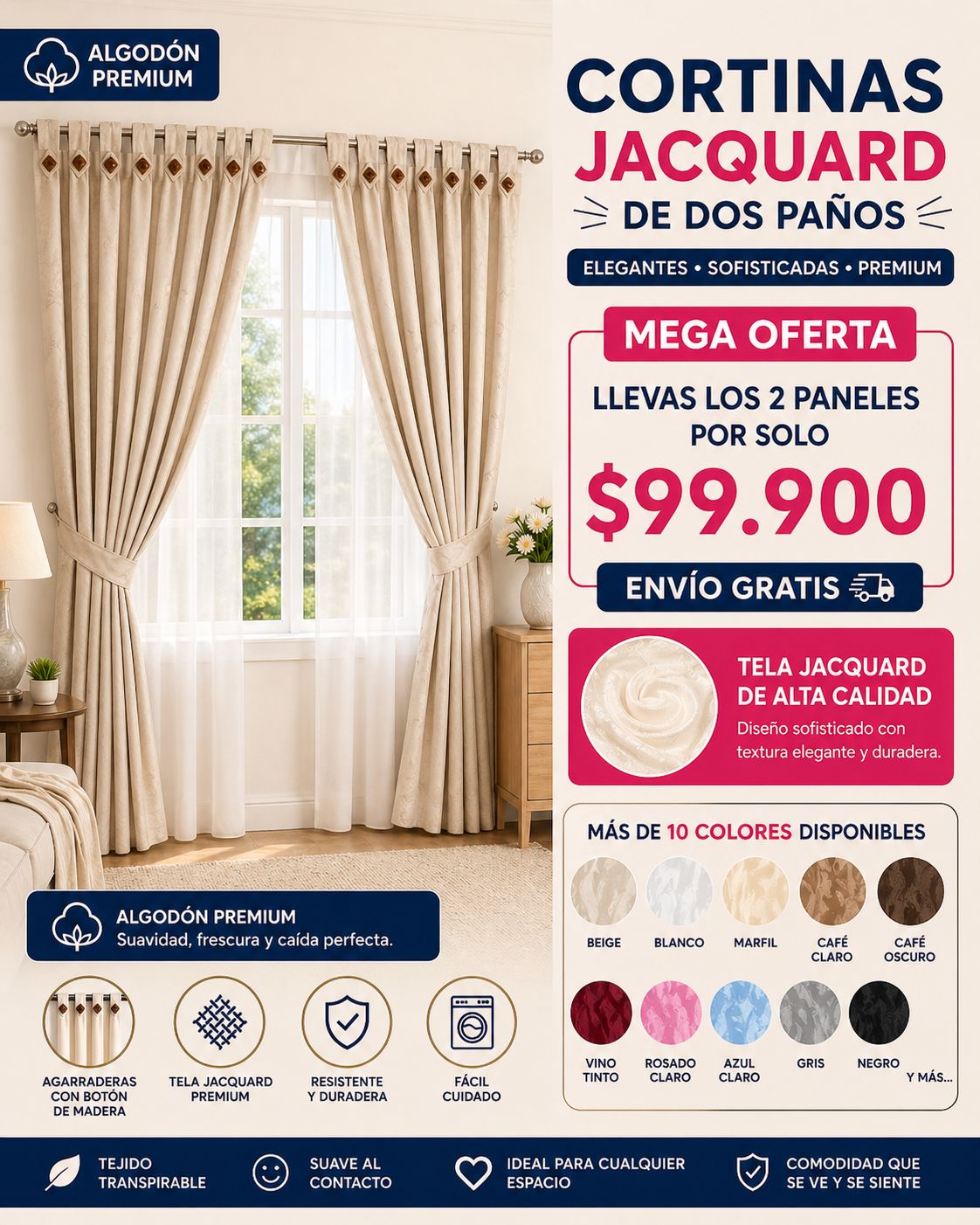 Cortinas Semi Blackout Jacquard 2 Paños 140x210cm