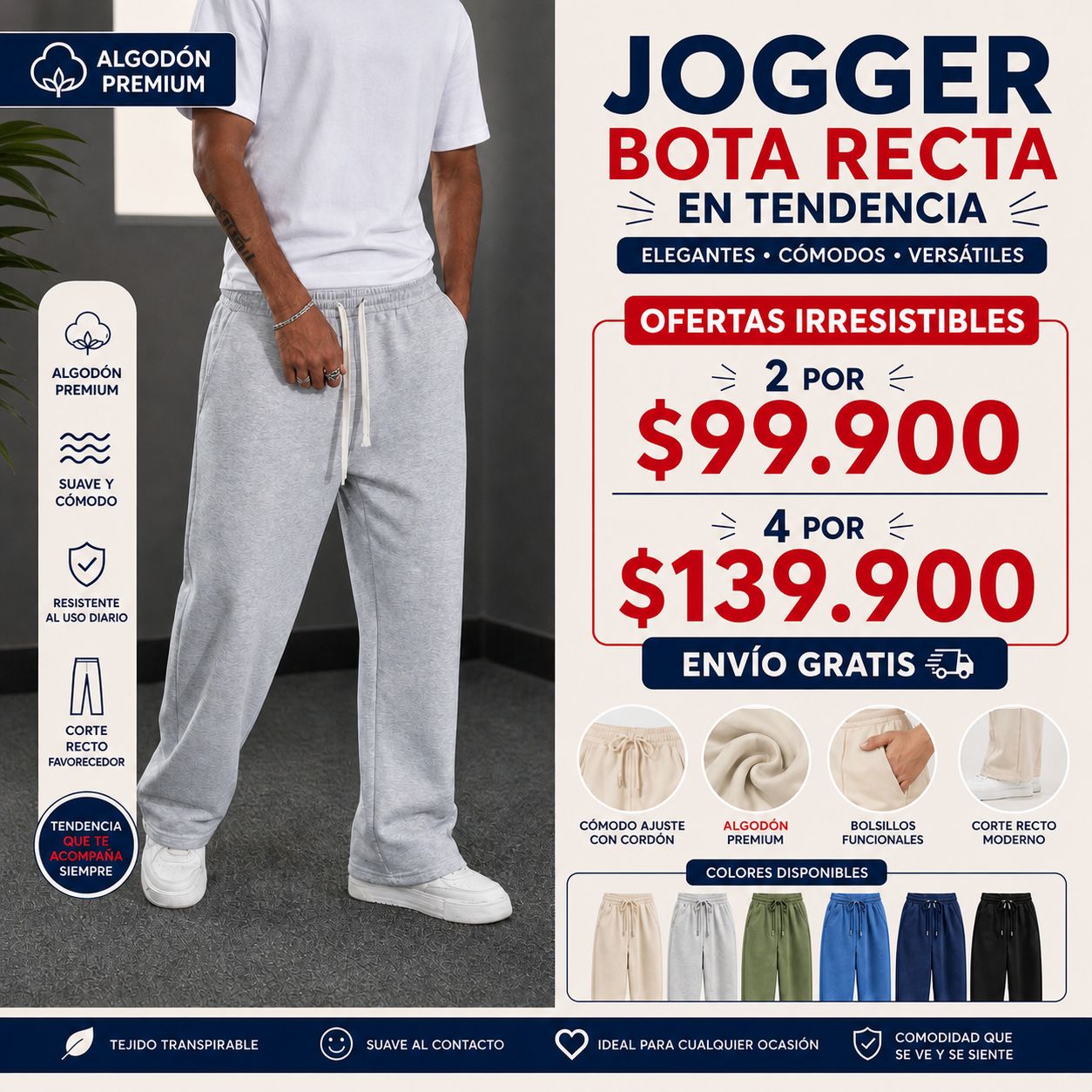 Jogger Hombre Premium Bota Recta Cómodo y Fresco | Algodón 100%