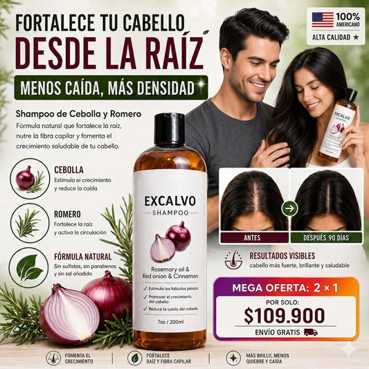2x1 Excalvo™ Hair Growth Shampoo Fortalecedor de Romero y Cebolla