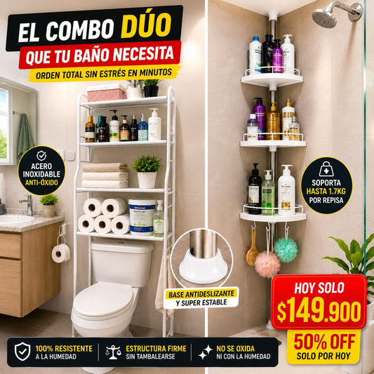 Combo Dúo Organizador para Baño |Racker sanitario + Esquinero ducha