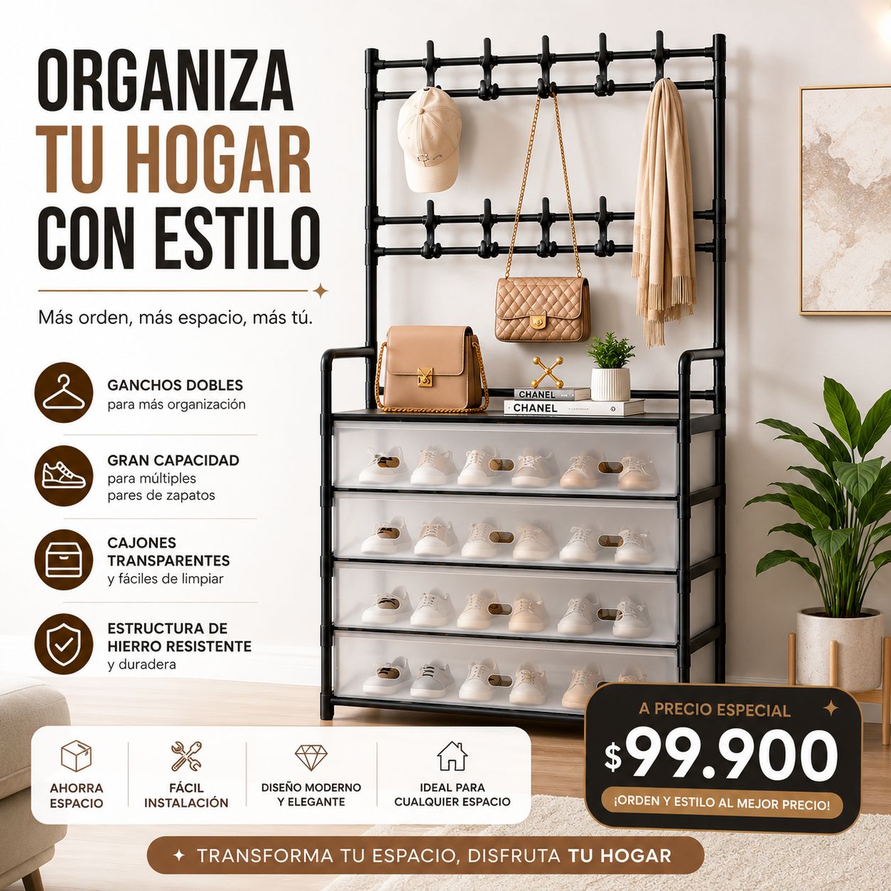 Dualrack | Perchero y Zapatero con Cajones 16 pares