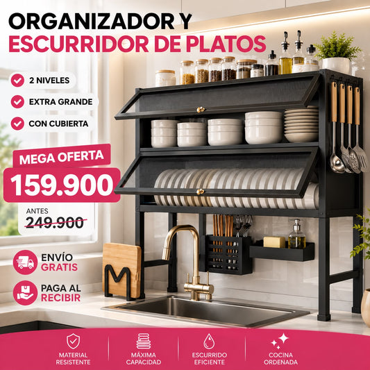 Platero Escurridor Elevado con Tapa 2 niveles - Acero Inoxidable 65cm